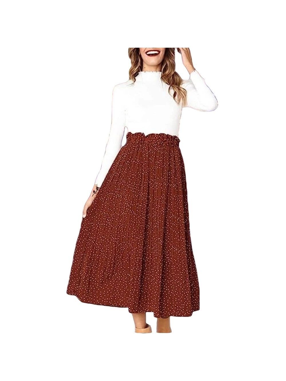 EXLURA Brown & White Polka Dot Pleated Midi Skirt w/ Pockets | Size XXL